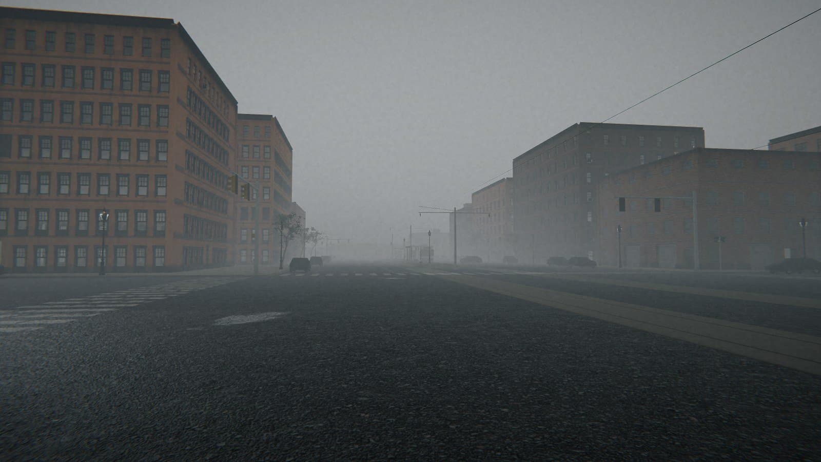 A fog-bound downtown avenue in Wrong Alley