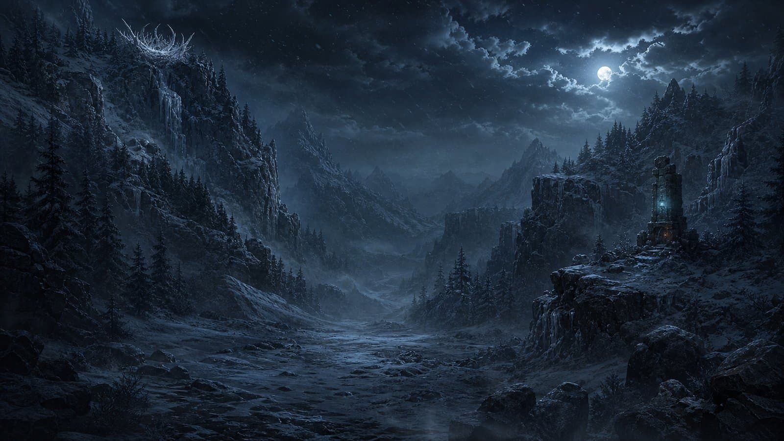Frostpine Pass under the moon
