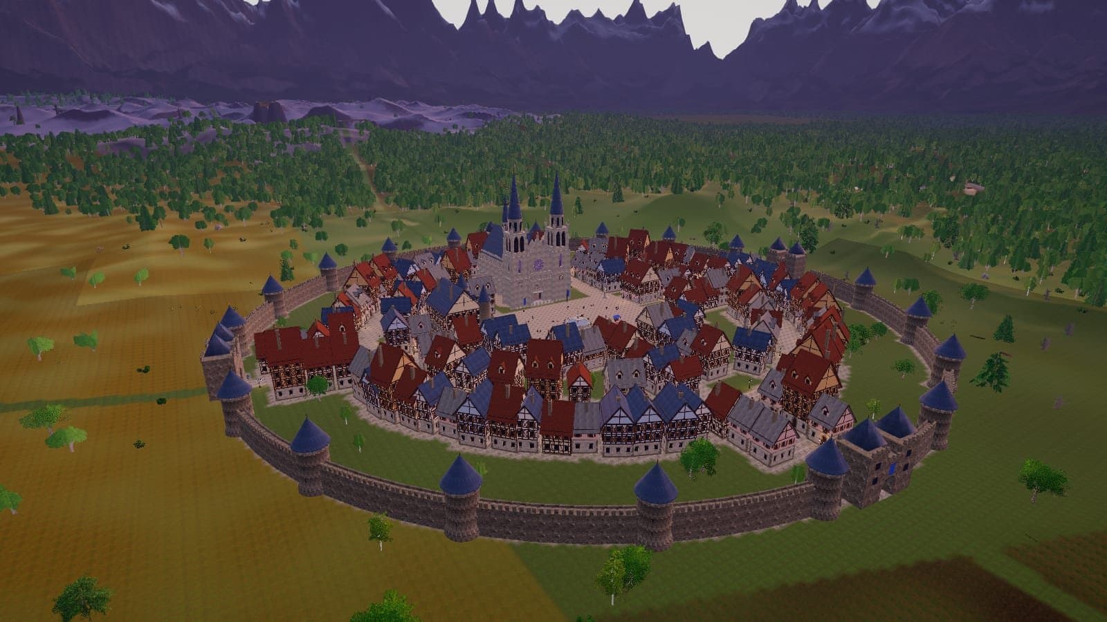 A walled town at dusk in Virtue Sekai